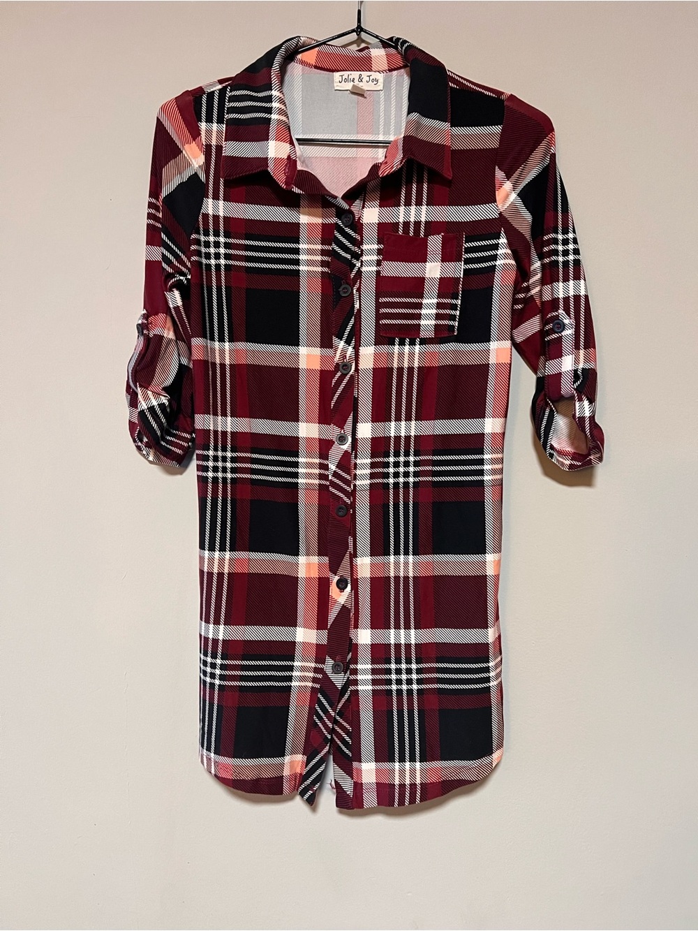 Julia & Joy Women’s Burgundy Plaid Button Front Shirt Roll Tab Sleeves